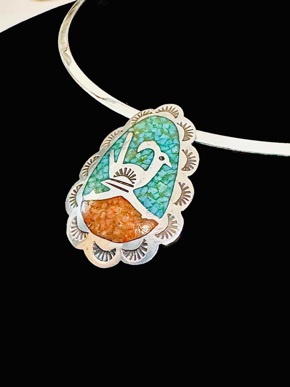 Authentic Navajo Sterling Silver Turquoise & Coral Chip Inlay Roadrunner Pendant